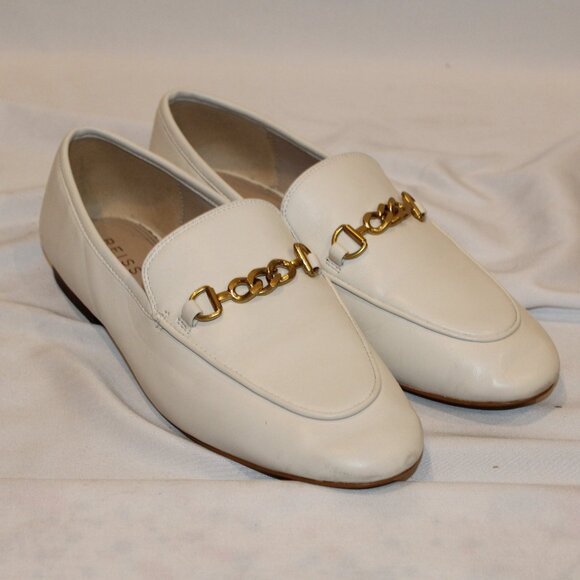 REISS WOMEN'S EVAN LEATHER CHAIN DETAIL LOAFERS IVORY‎ SZ 8.5 $265 - Picture 1 of 5